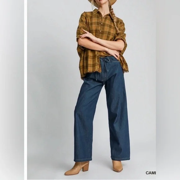 Umgee Oversized Olive Plaid Button-Down Shirt with raw hem. - Picture 3 of 5